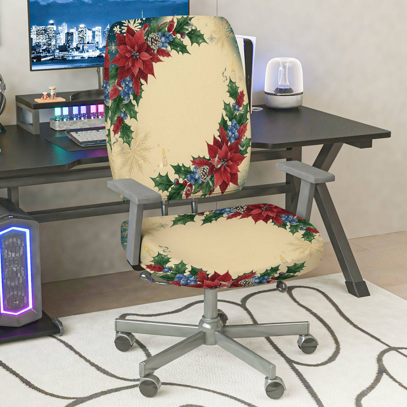 2-Piece Christmas Holiday Floral Red Poinsettia Pattern  Computer Chair Cover Set, Seat and Backrest