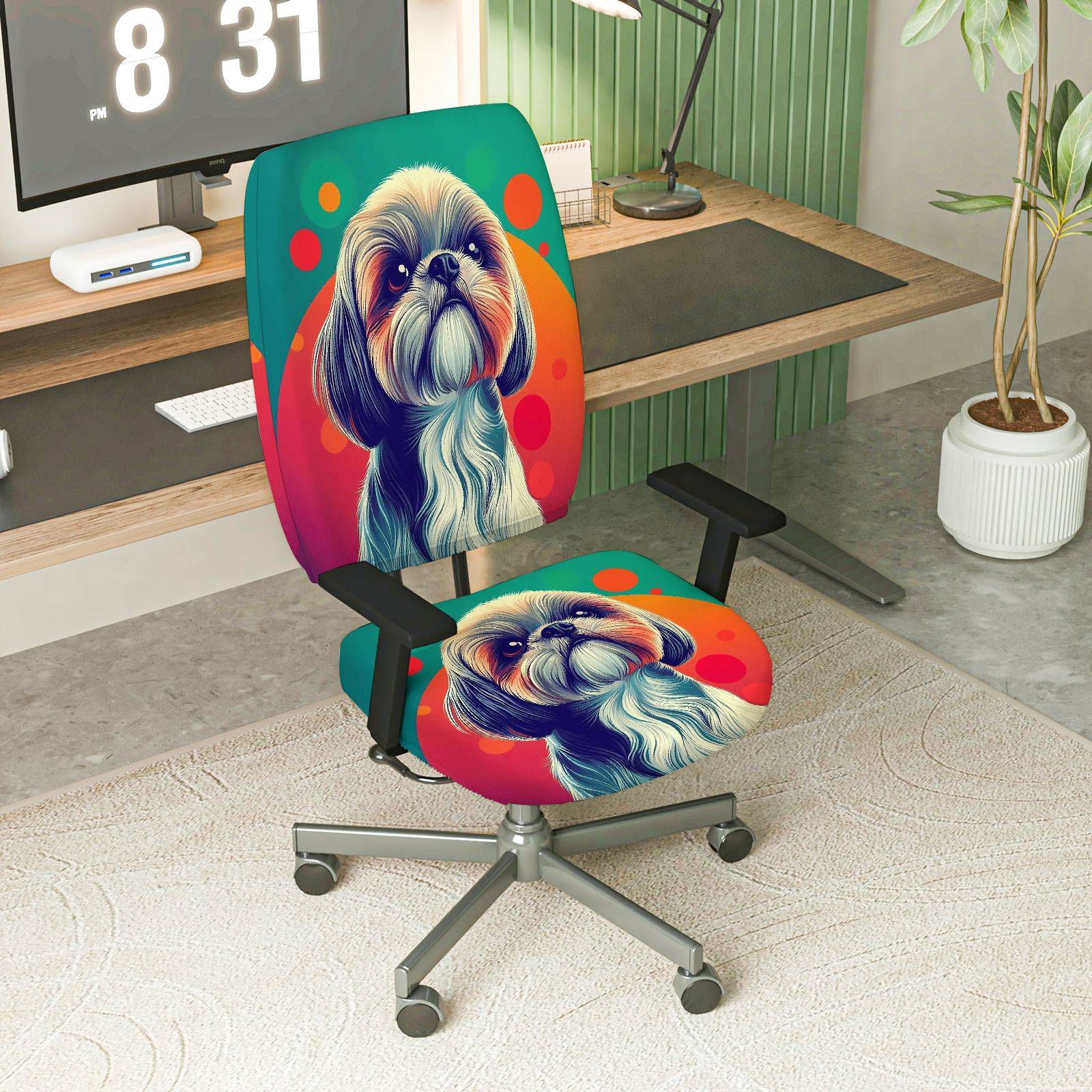2-Piece Colorful Dog Art Pattern Swivel  Computer Chair Cover Set, Seat and Backrest