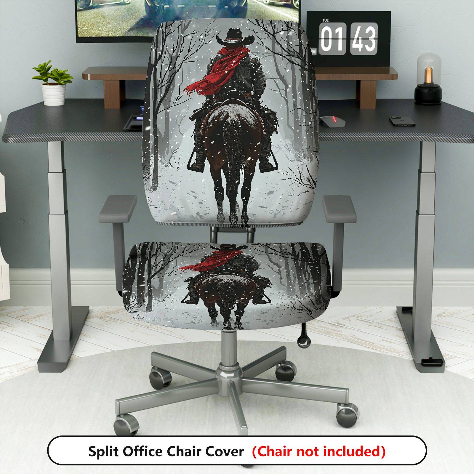 2-Piece Cowboy Snow Forest Red Scarf Winter Christmas  Computer Chair Cover Set, Seat and Backrest