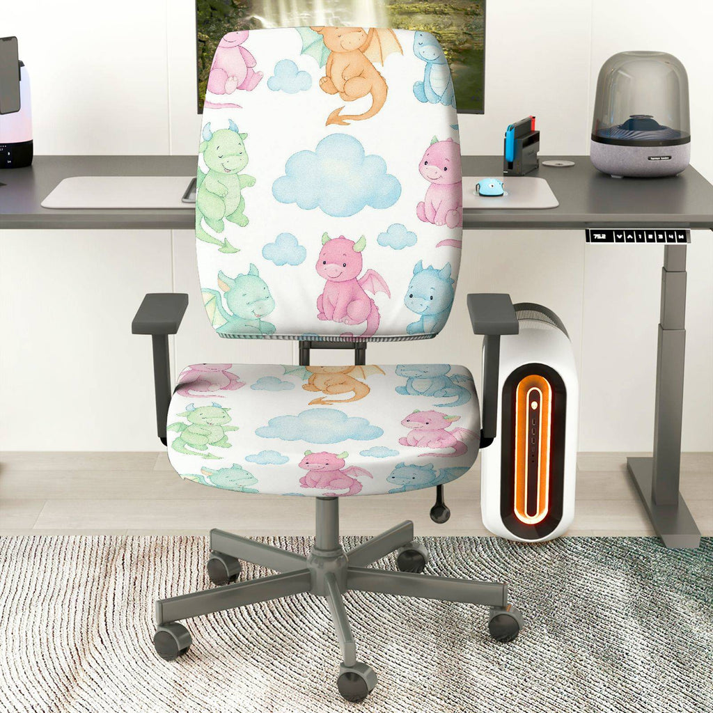 2-Piece Cute Dragon Cloud Colorful  Computer Chair Cover Set, Seat and Backrest