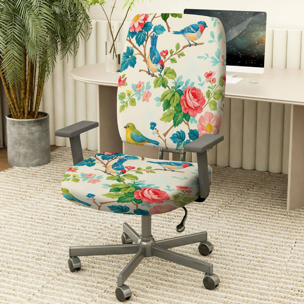 2-Piece Floral Bird Pattern Rose Spring Nature Garden  Computer Chair Cover Set, Seat and Backrest