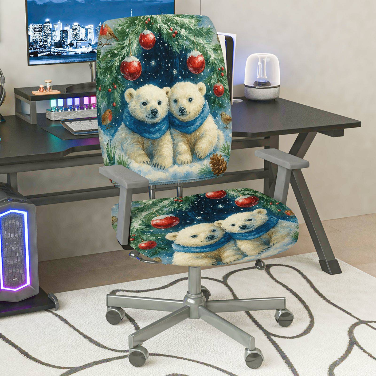 2-Piece Christmas Polar Bear Snow Winter Holiday Decor  Computer Chair Cover Set, Seat and Backrest