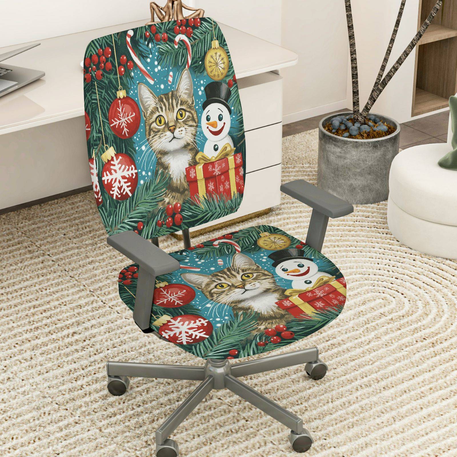 2-Piece Christmas Cat Snowman Gift Ornament  Computer Chair Cover Set, Seat and Backrest
