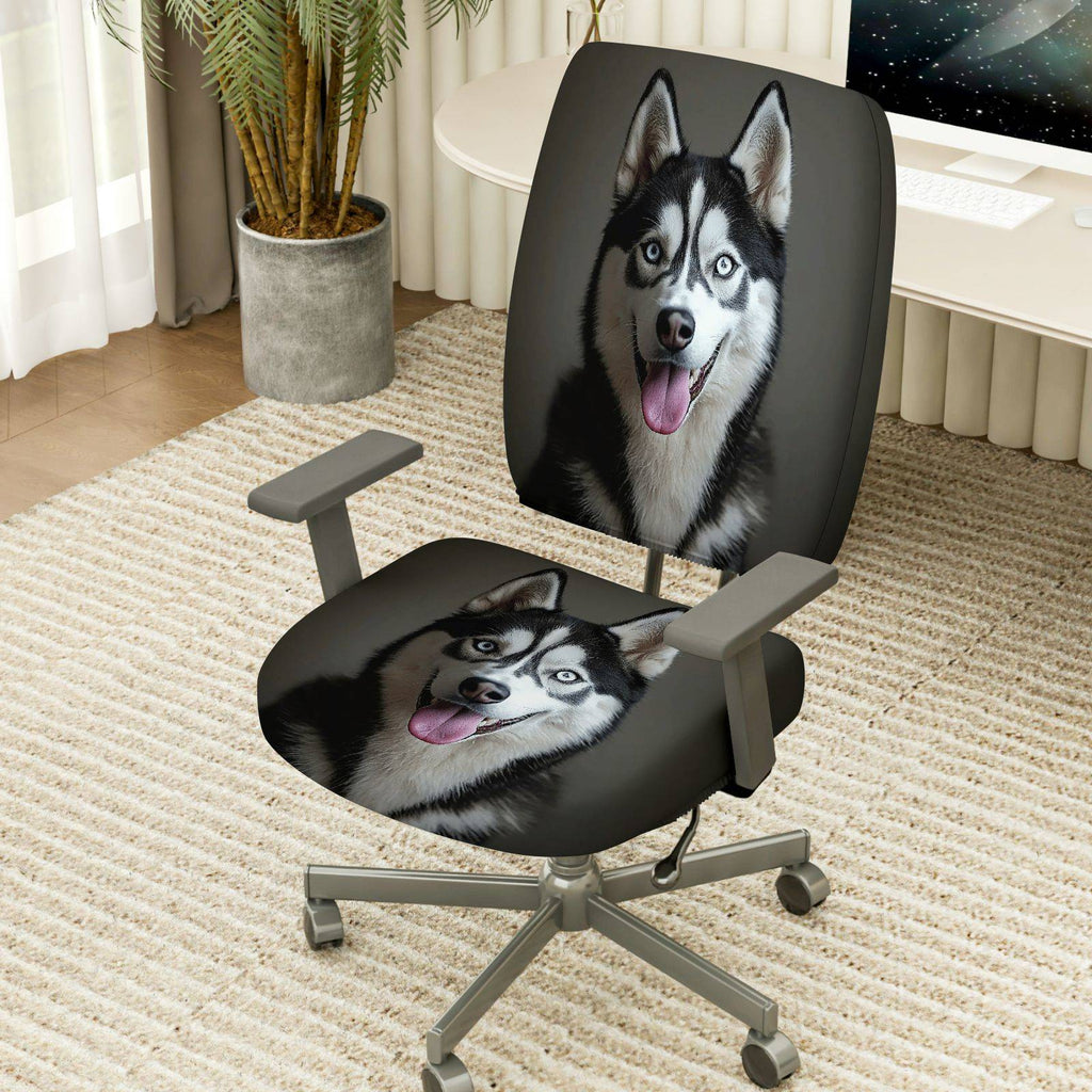 2-Piece Husky Dog Animal Pattern Black White Fun Style  Computer Chair Cover Set, Seat and Backrest