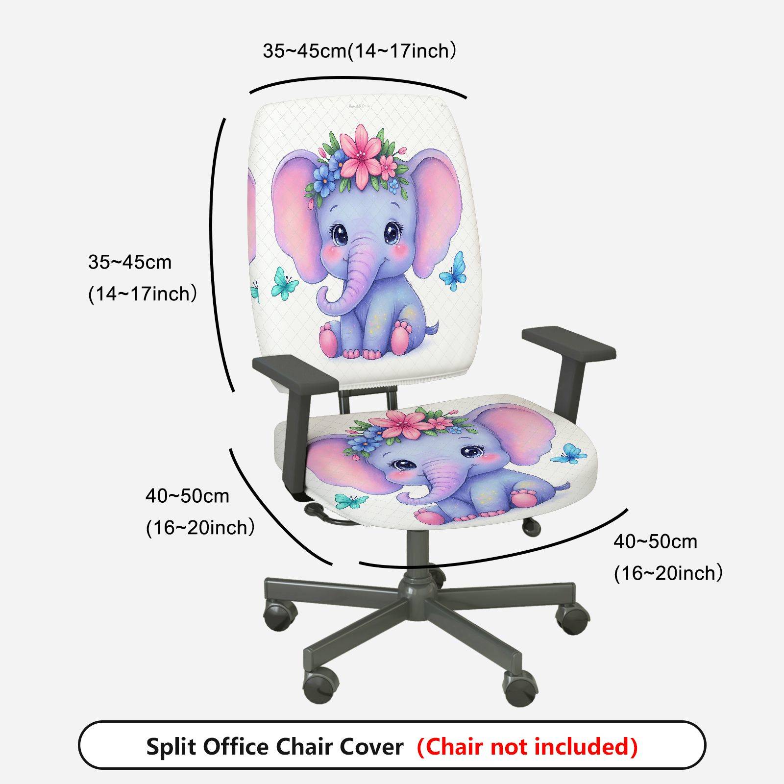 2-Piece Cute Elephant Flower Butterfly  Computer Chair Cover Set, Seat and Backrest