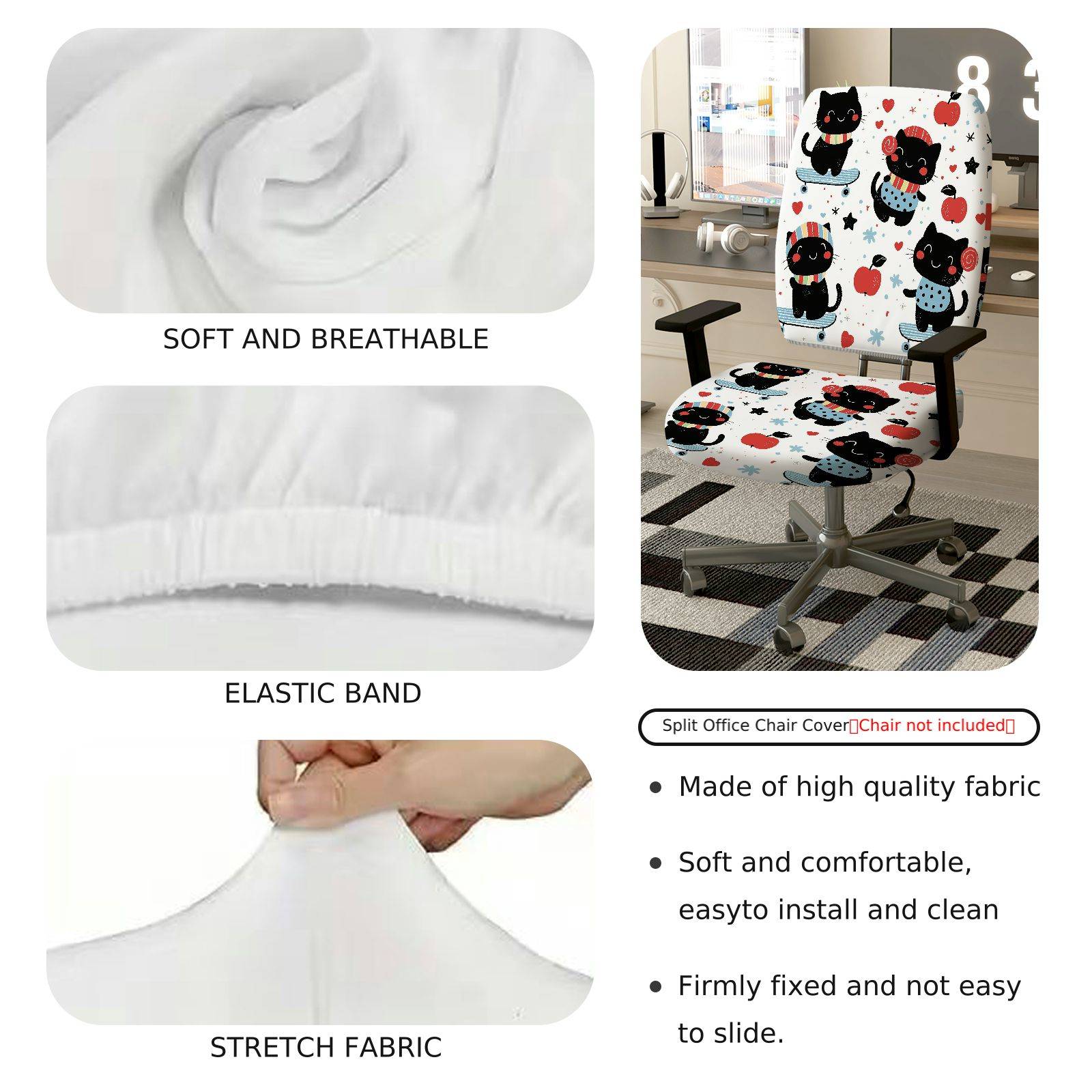 2-Piece Cute Cat Apple Heart Star  Computer Chair Cover Set, Seat and Backrest