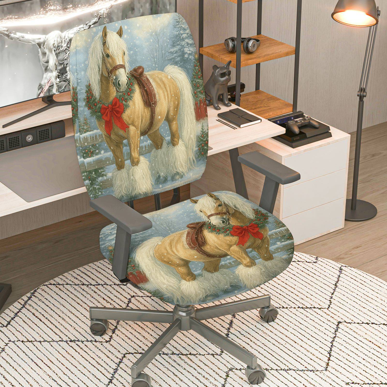 2-Piece Horse Christmas Winter Snow Holiday  Computer Chair Cover Set, Seat and Backrest
