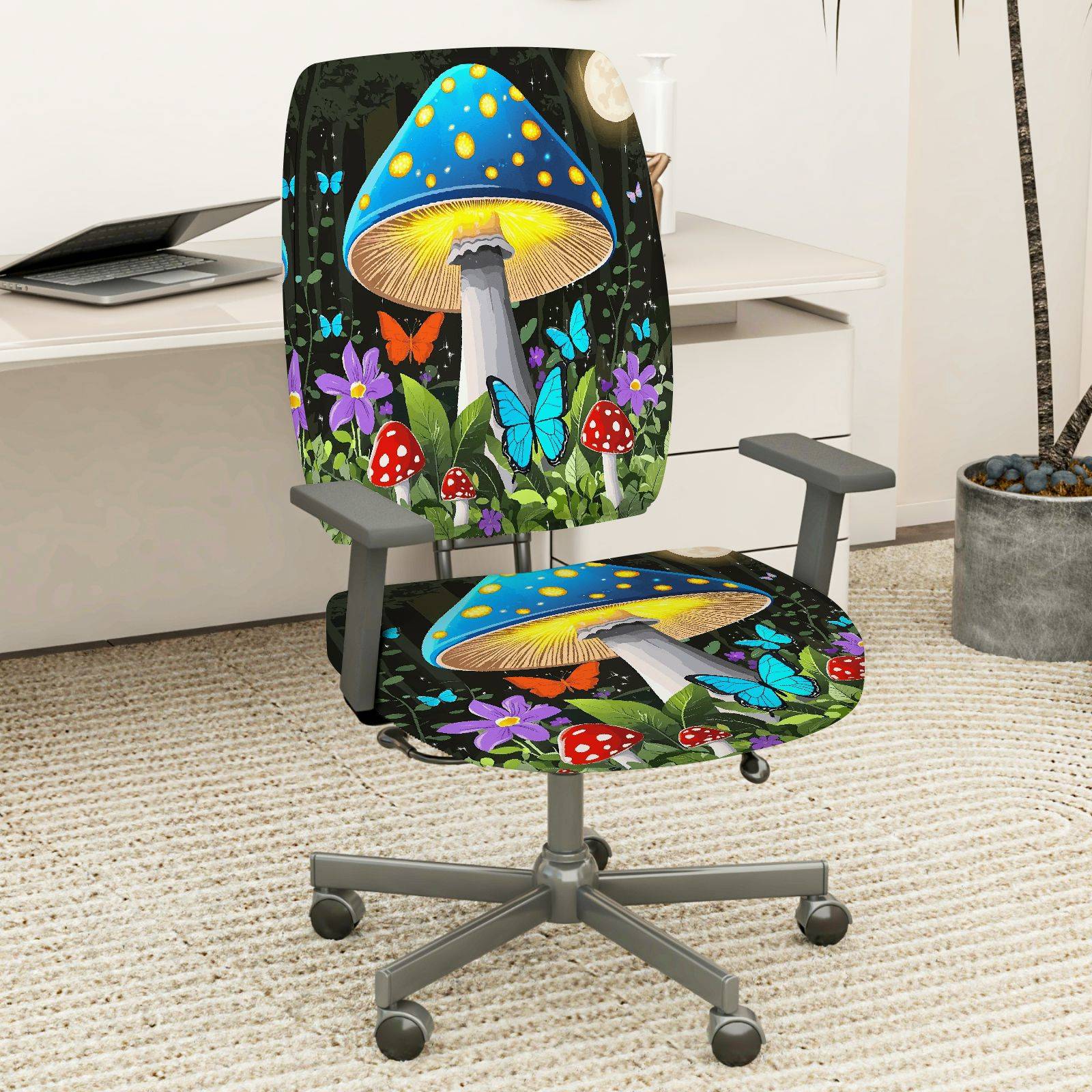 2-Piece Fantasy Mushroom Forest Butterfly Flower Decorative  Computer Chair Cover Set, Seat and Backrest