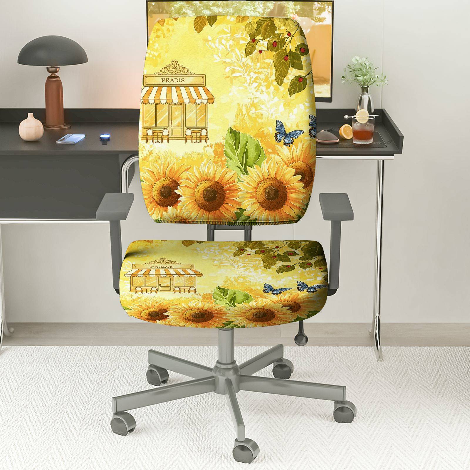 2-Piece Sunflower Butterfly Paris Cafe Floral  Computer Chair Cover Set, Seat and Backrest