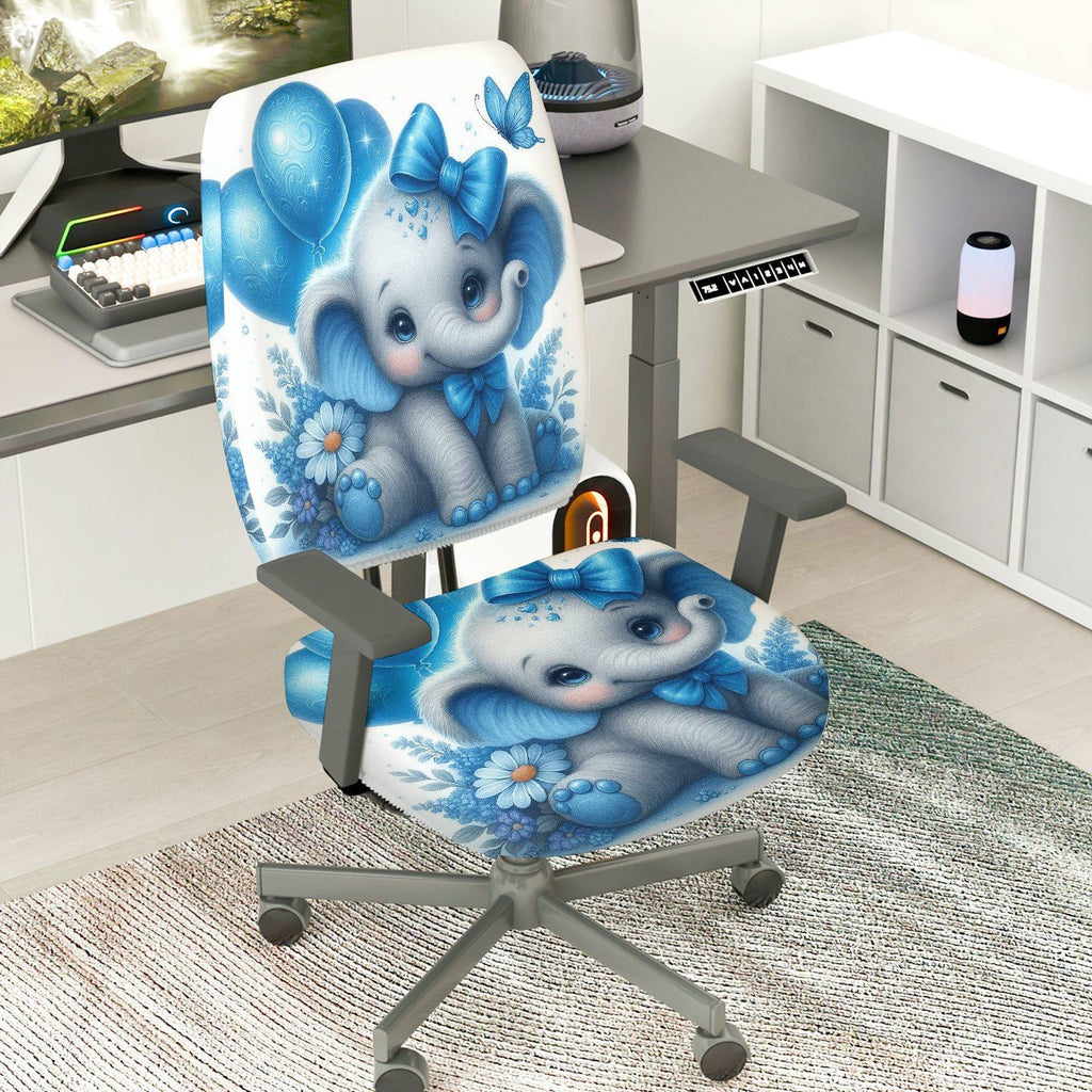 2-Piece Cute Elephant Blue Flowers Butterfly Balloons  Computer Chair Cover Set, Seat and Backrest