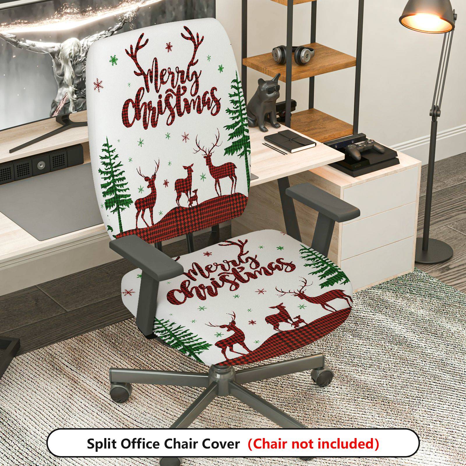 2-Piece Christmas Reindeer Festive Decorative Holiday Winter  Computer Chair Cover Set, Seat and Backrest