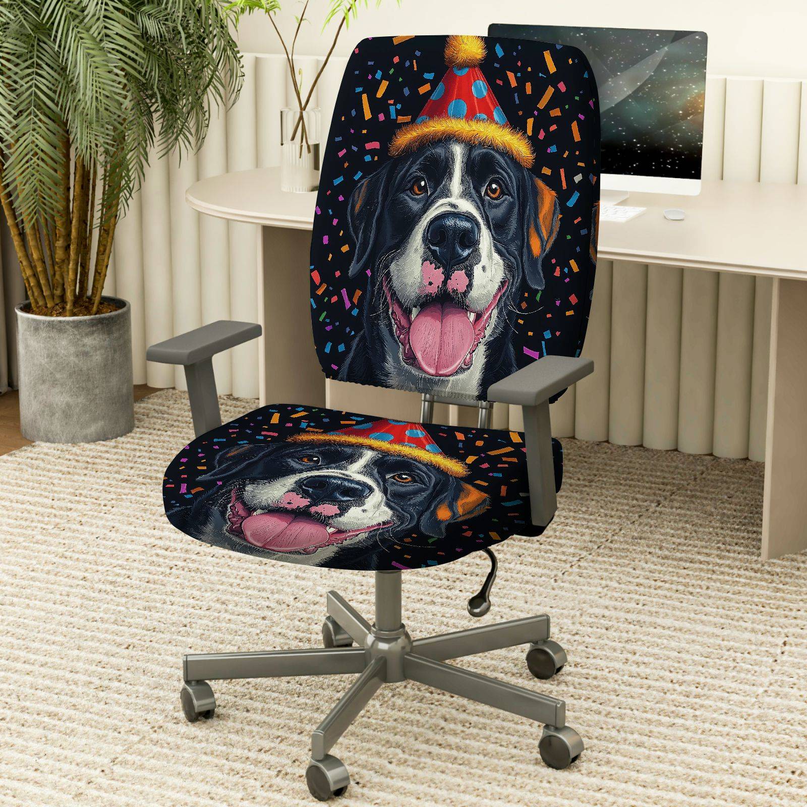 2-Piece Dog Party Hat Happy Celebration Cheerful Joyful  Computer Chair Cover Set, Seat and Backrest