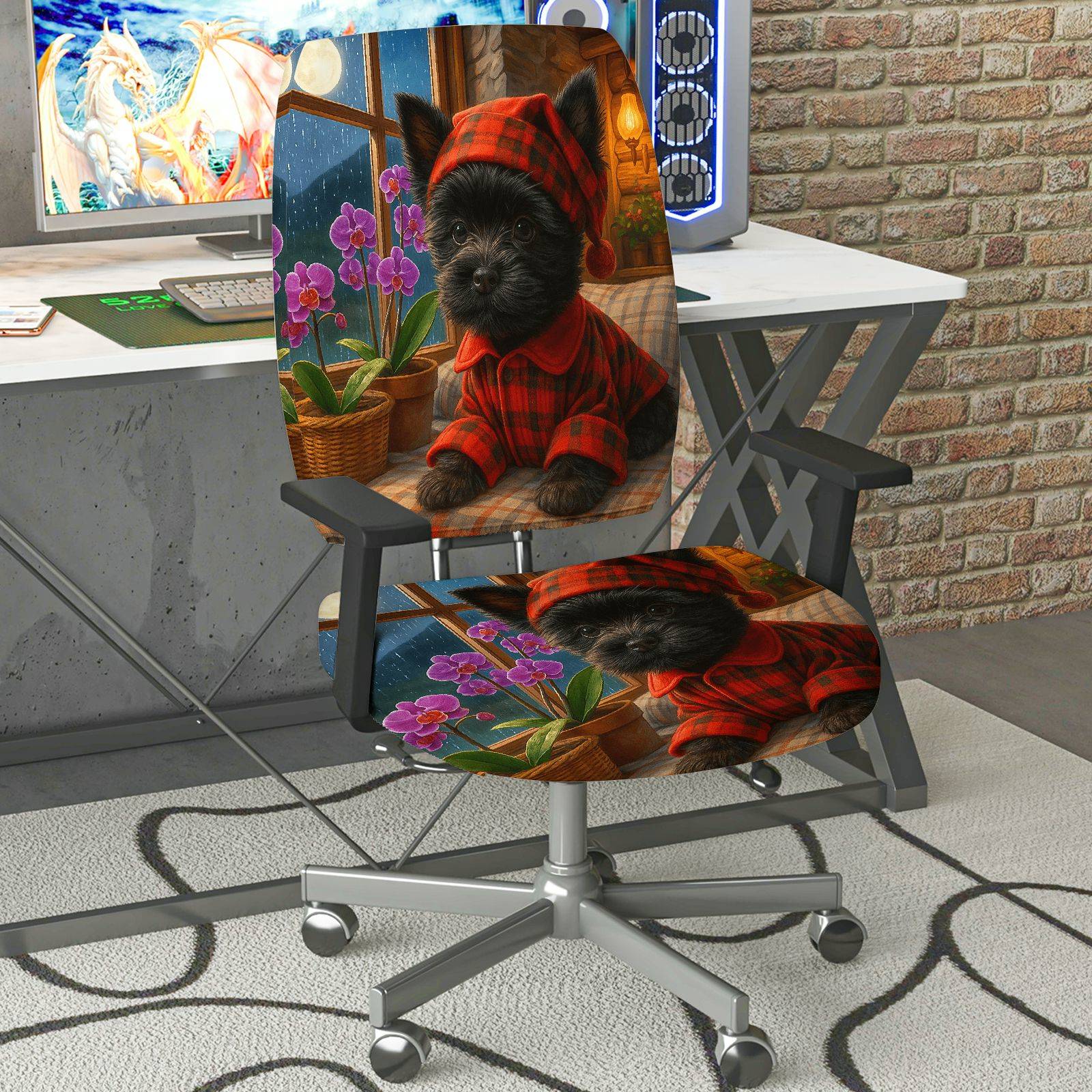 2-Piece Cute Dog Cozy Plaid Nature Winter  Computer Chair Cover Set, Seat and Backrest