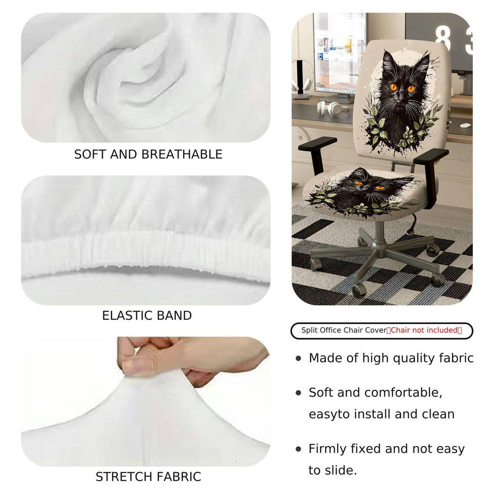 2-Piece Black Cat Floral Animal Pattern  Computer Chair Cover Set, Seat and Backrest