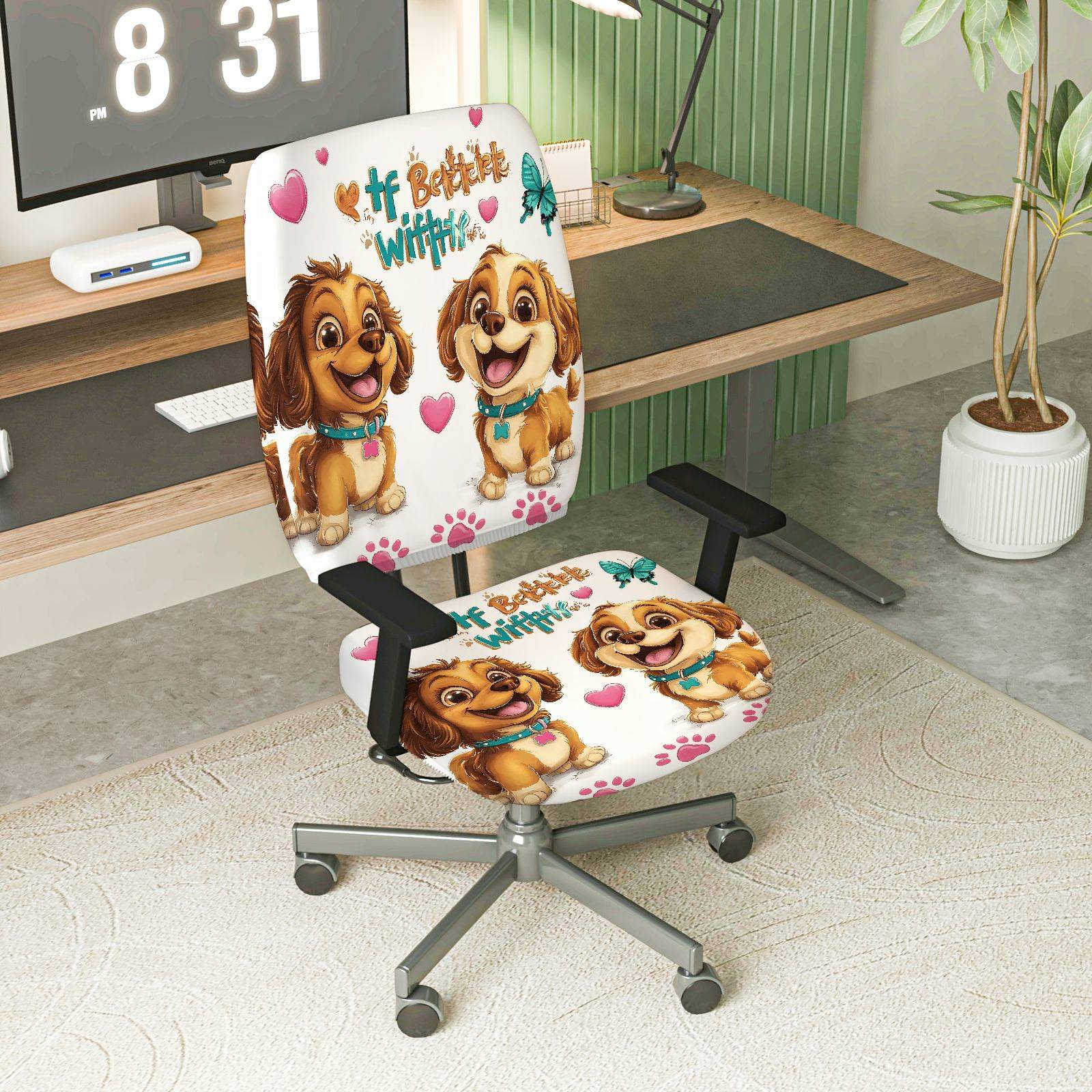 2-Piece Dog Paw Heart Butterfly  Computer Chair Cover Set, Seat and Backrest