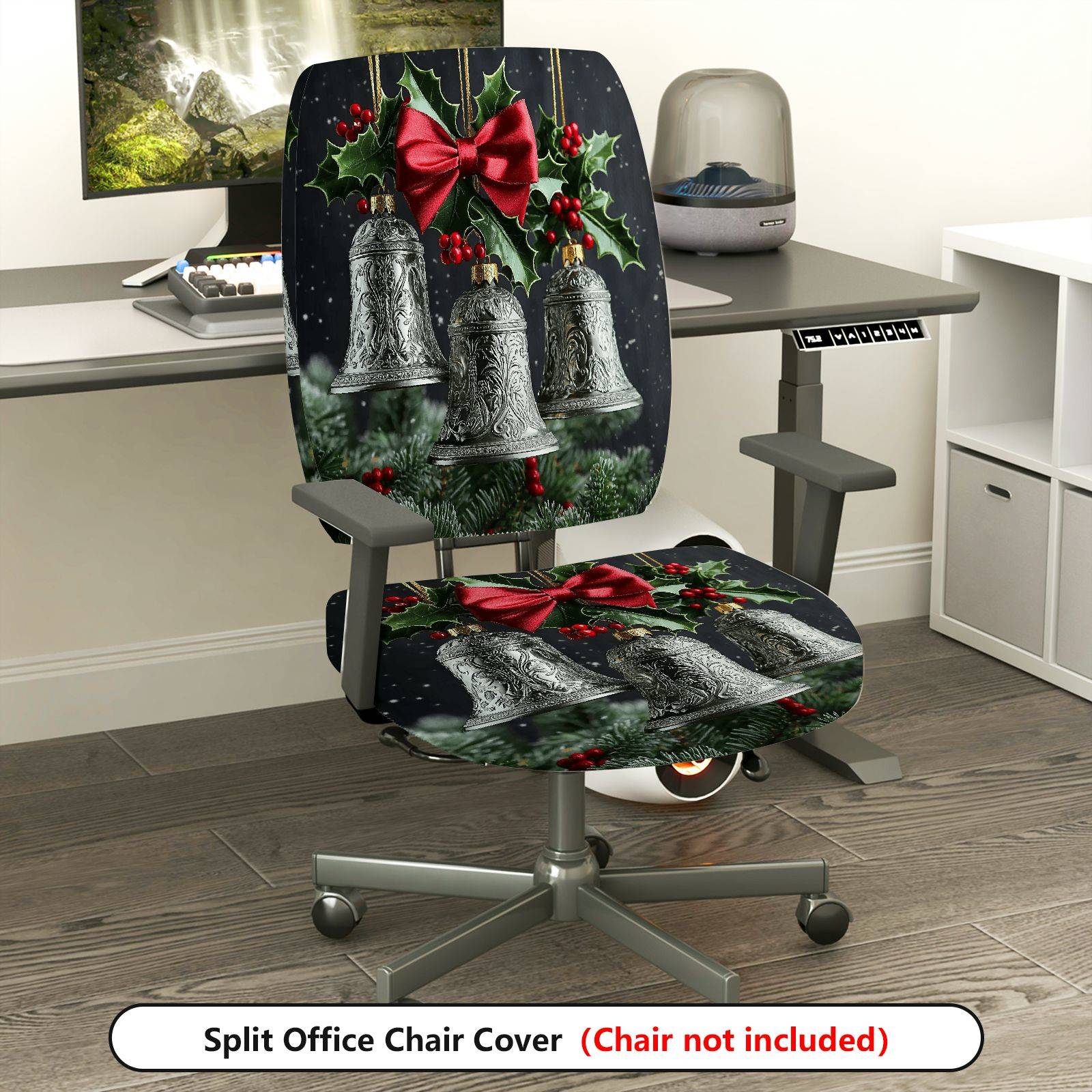 2-Piece Christmas Bell Holly Bow Festive Holiday  Computer Chair Cover Set, Seat and Backrest