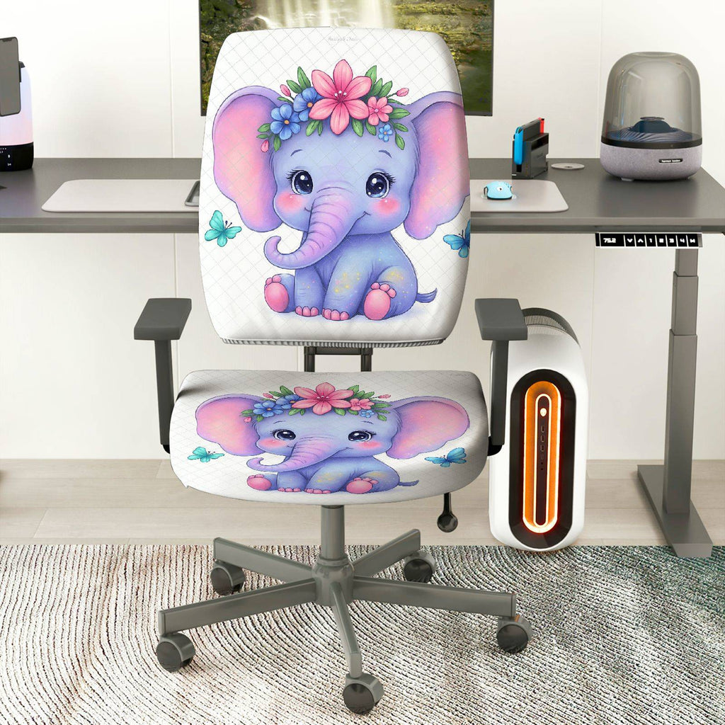 2-Piece Cute Elephant Flower Butterfly  Computer Chair Cover Set, Seat and Backrest