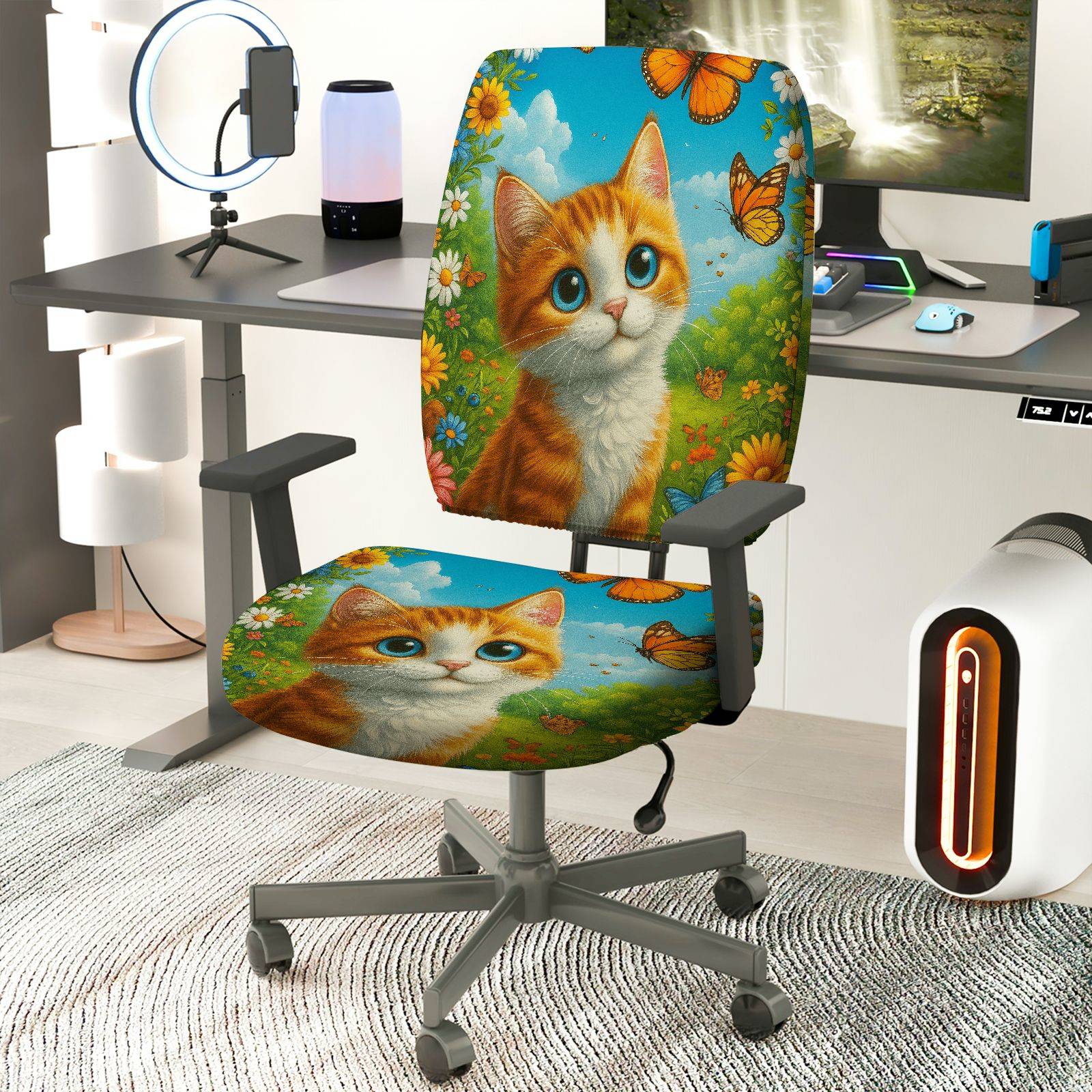 2-Piece Cute Cat Floral Nature Butterfly Colorful  Computer Chair Cover Set, Seat and Backrest