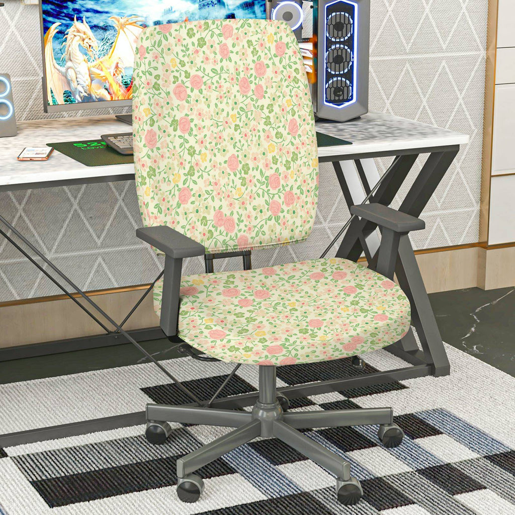 2-Piece Floral Pattern Rose Print Garden Style Flower  Computer Chair Cover Set, Seat and Backrest