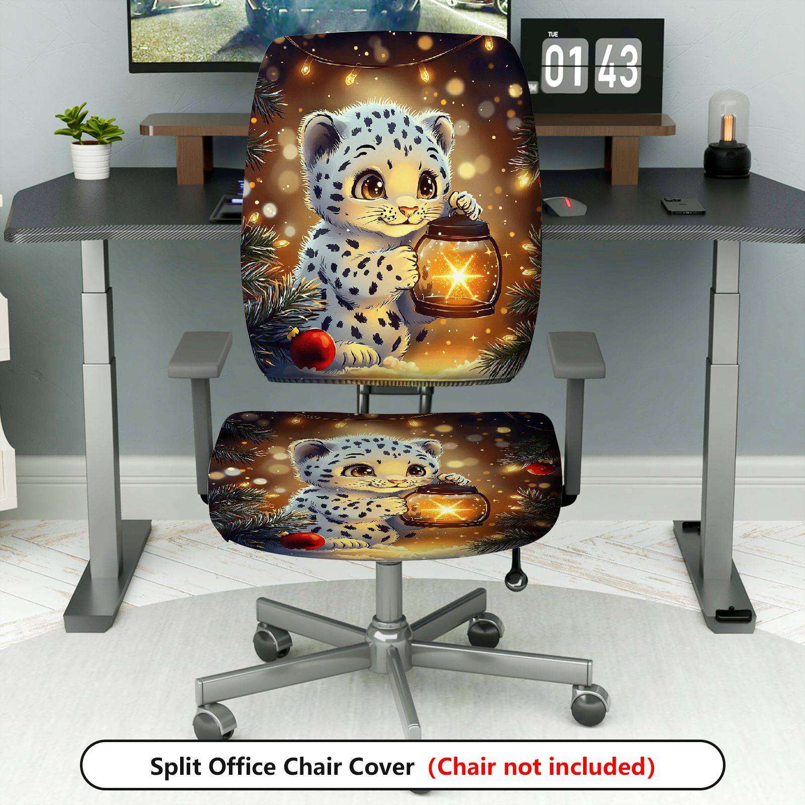 2-Piece Christmas Snowflake Lantern Cute Leopard  Computer Chair Cover Set, Seat and Backrest