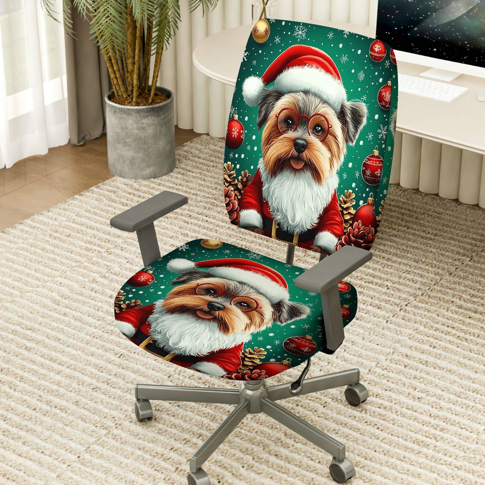 2-Piece Christmas Dog Santa Hat Pinecone Snowflakes  Computer Chair Cover Set, Seat and Backrest
