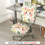 2-Piece Cat Floral Green Yellow  Computer Chair Cover Set, Seat and Backrest