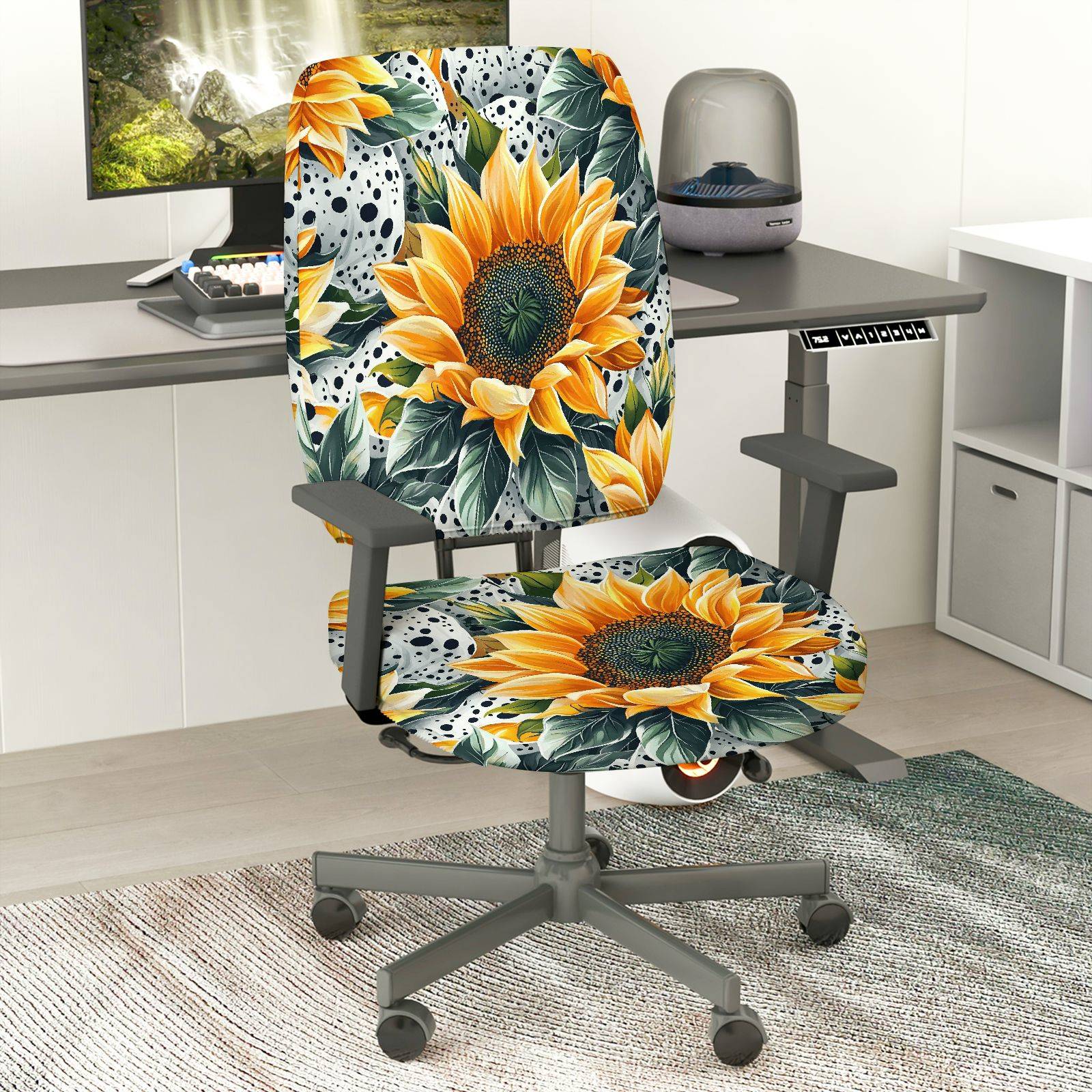 2-Piece Sunflower Floral Nature Pattern Modern Summer  Computer Chair Cover Set, Seat and Backrest