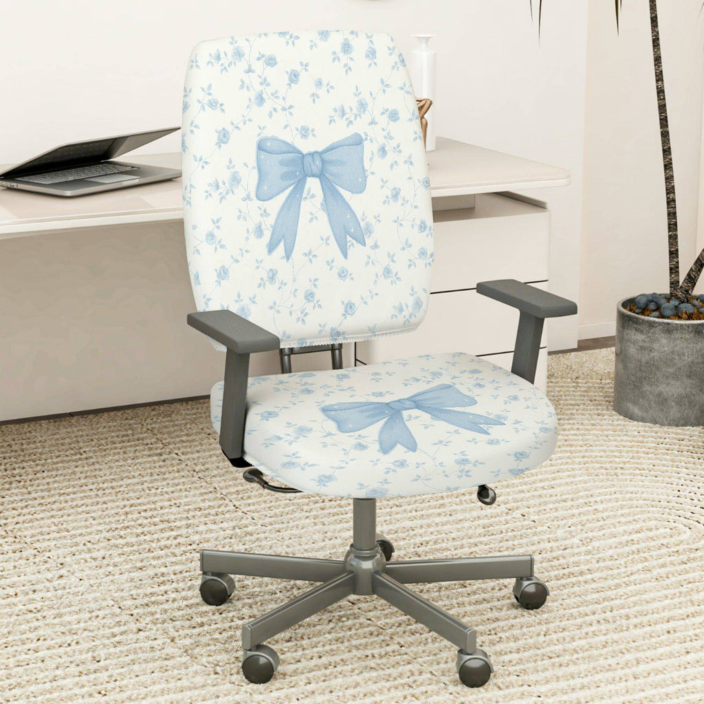 2-Piece Floral Bowknot Pattern Blue White Cute  Computer Chair Cover Set, Seat and Backrest