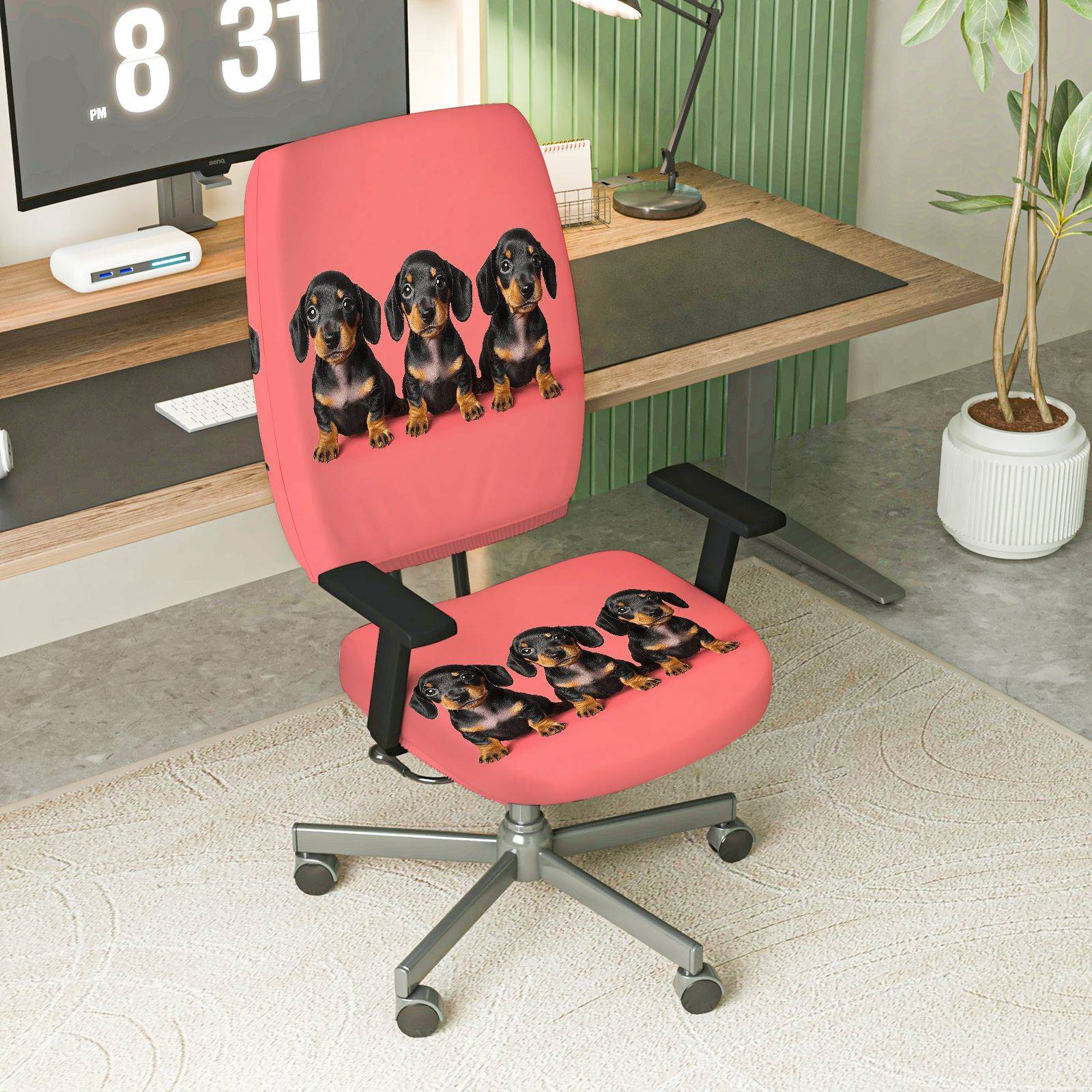 2-Piece Cute Dog Animal Print Red Cozy Playful Fun  Computer Chair Cover Set, Seat and Backrest