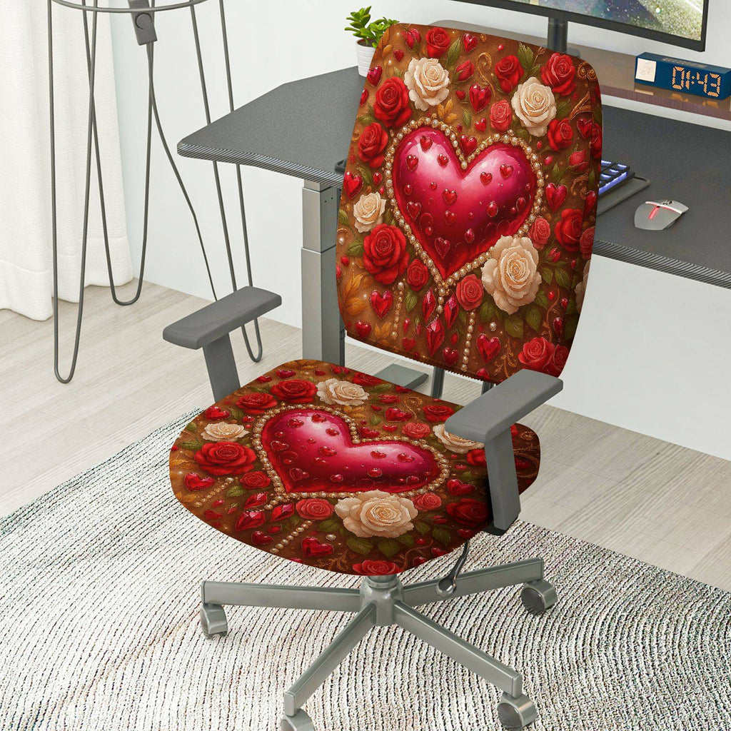 2-Piece Romantic Valentine Heart Love Rose Flower  Computer Chair Cover Set, Seat and Backrest