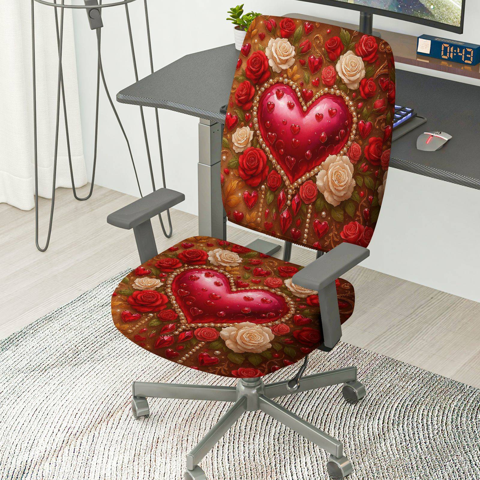2-Piece Romantic Valentine Heart Love Rose Flower  Computer Chair Cover Set, Seat and Backrest