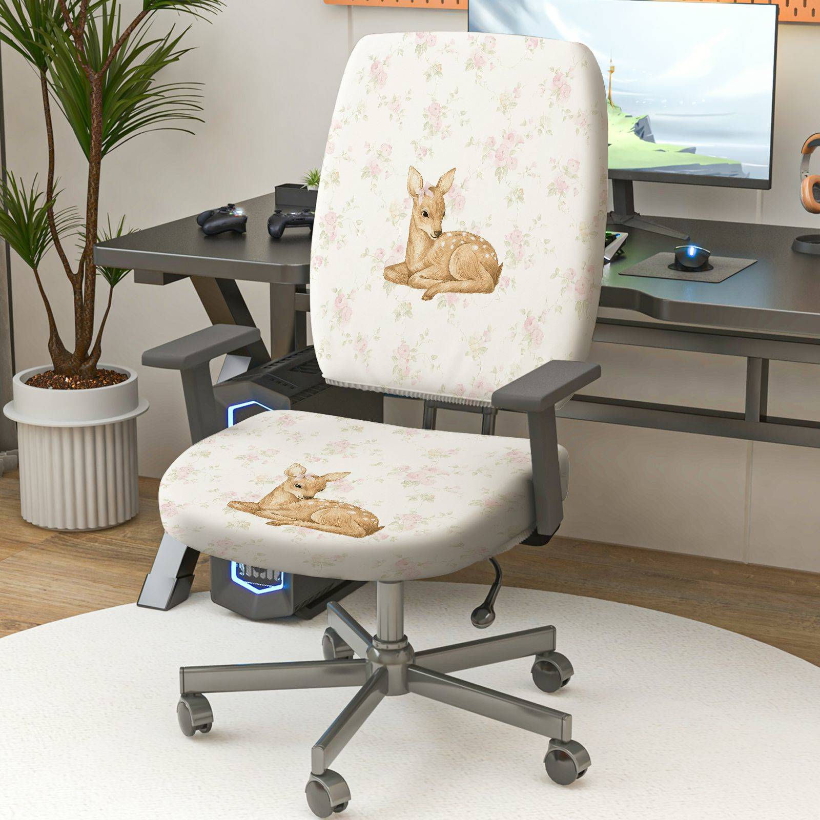 2-Piece Deer Floral Pastoral Cute Decorative  Computer Chair Cover Set, Seat and Backrest