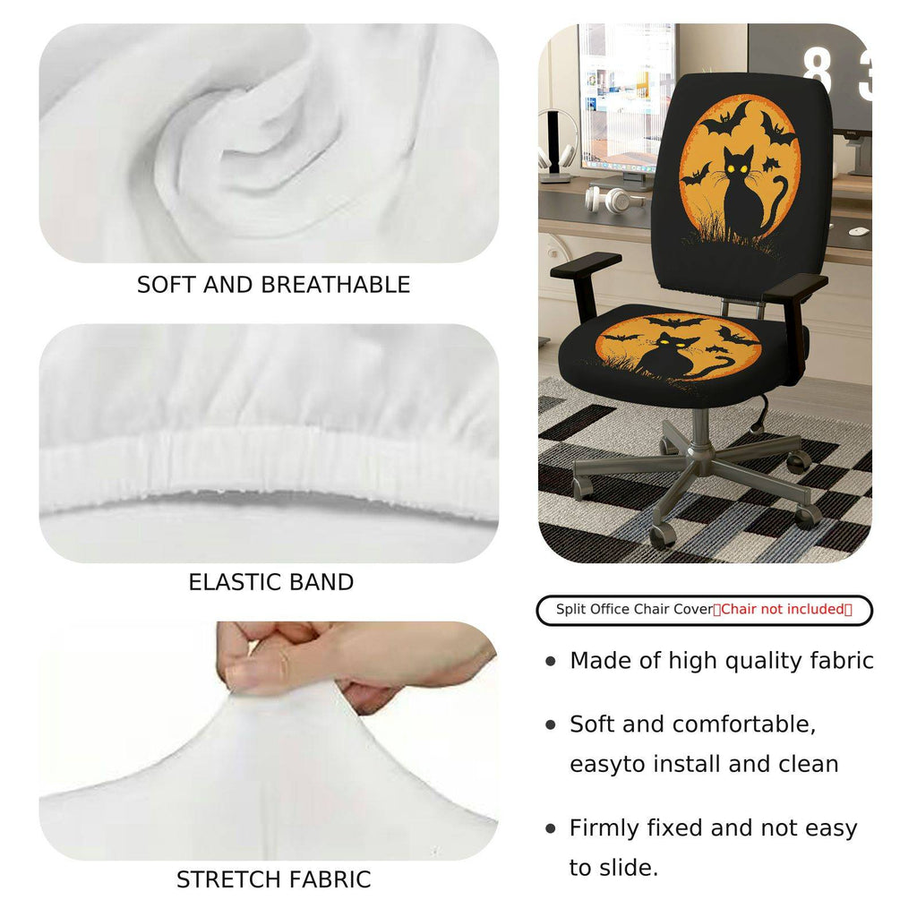 2-Piece Halloween Black Cat Bat Moon Orange  Computer Chair Cover Set, Seat and Backrest