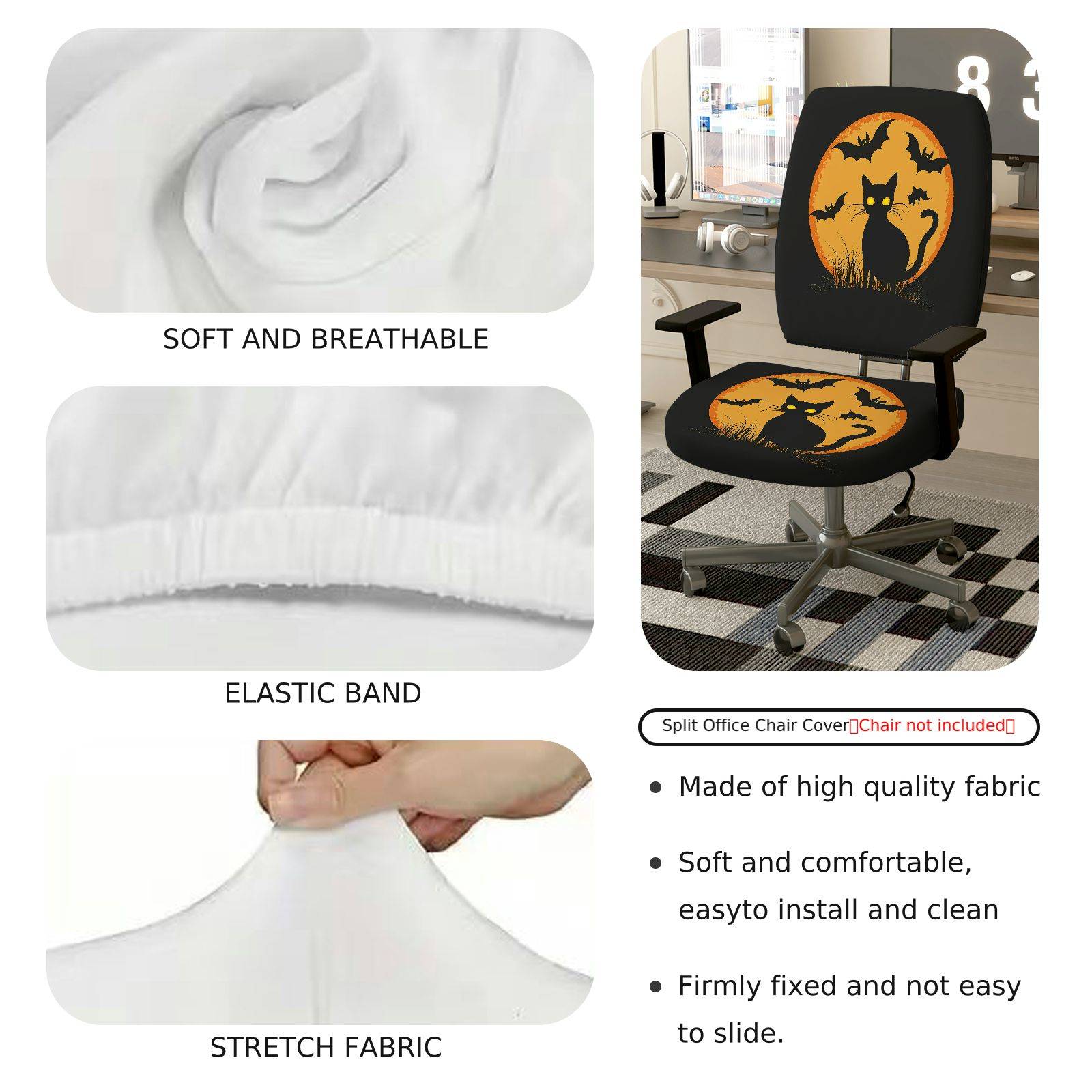 2-Piece Halloween Black Cat Bat Moon Orange  Computer Chair Cover Set, Seat and Backrest