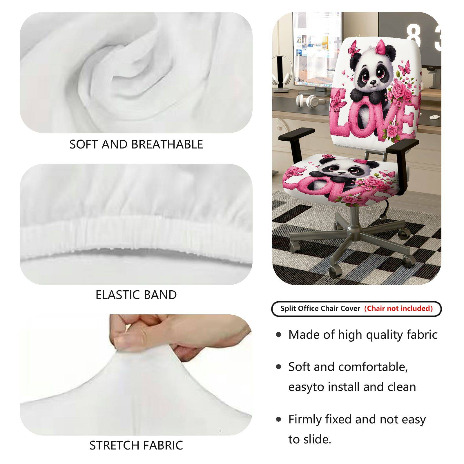 2-Piece Cute Panda Love Pink Floral Butterfly Pattern  Computer Chair Cover Set, Seat and Backrest