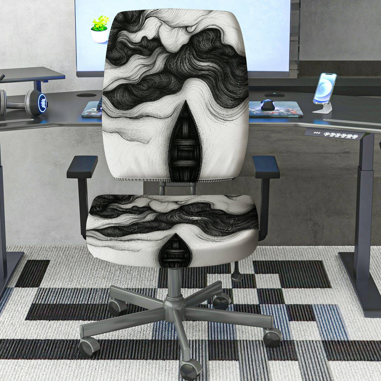 2-Piece Abstract Swirl Pattern Black White Artistic Modern  Computer Chair Cover Set, Seat and Backrest
