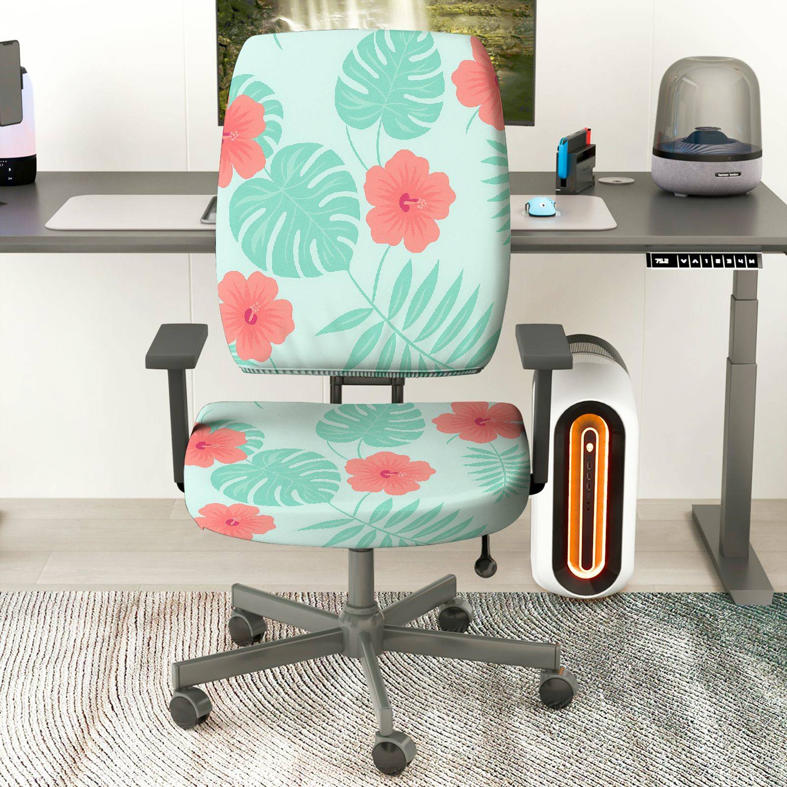 2-Piece Tropical Flower Leaf Pattern Green Pink  Computer Chair Cover Set, Seat and Backrest