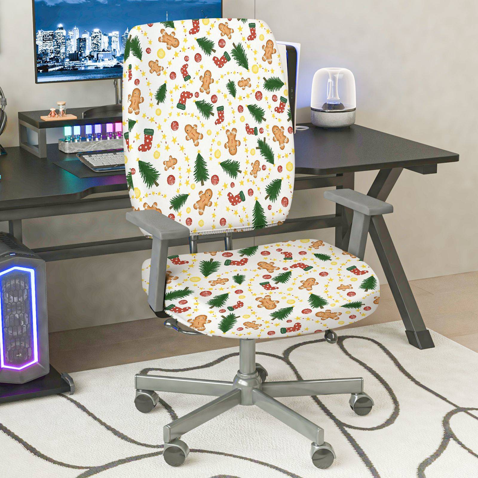 2-Piece Christmas Tree Gingerbread Snowflake Red Boots Yellow Star  Computer Chair Cover Set, Seat and Backrest
