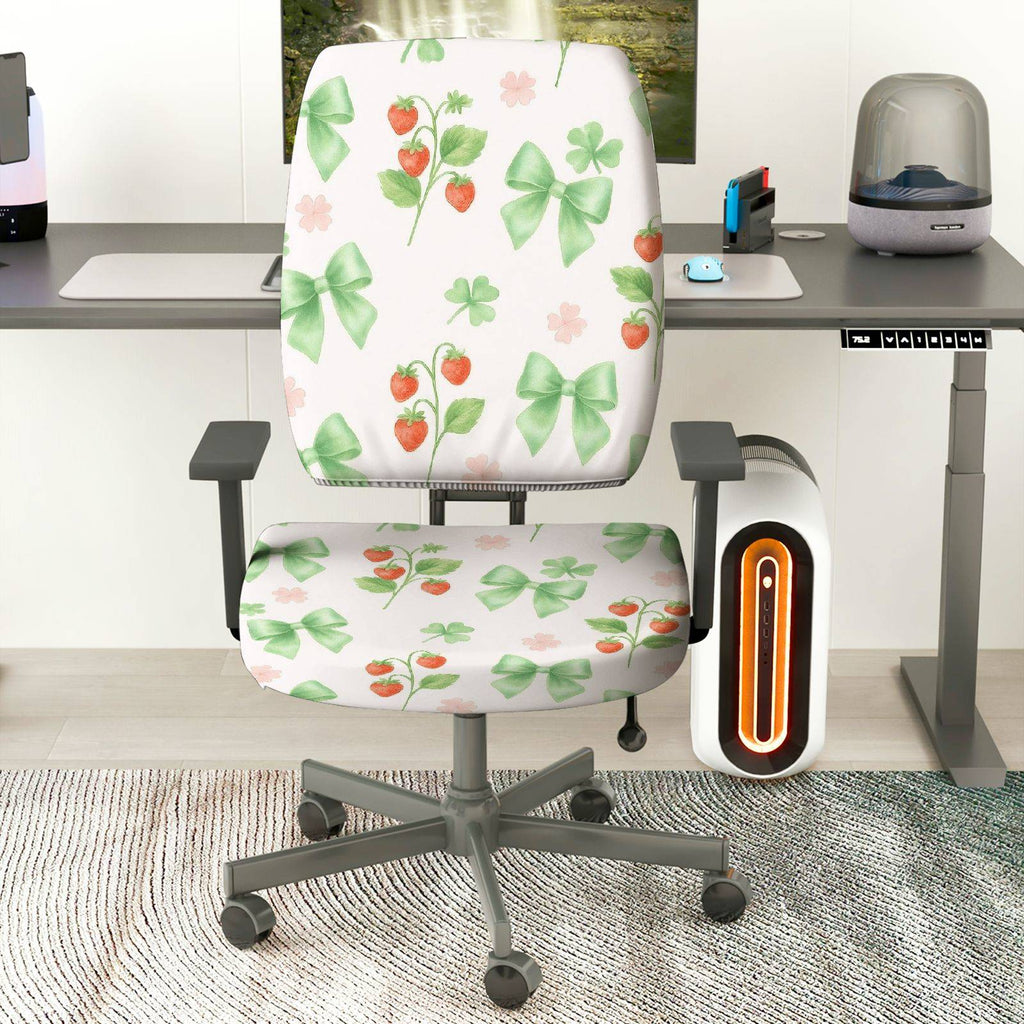 2-Piece Strawberry Bow Clover Flower Pink  Computer Chair Cover Set, Seat and Backrest