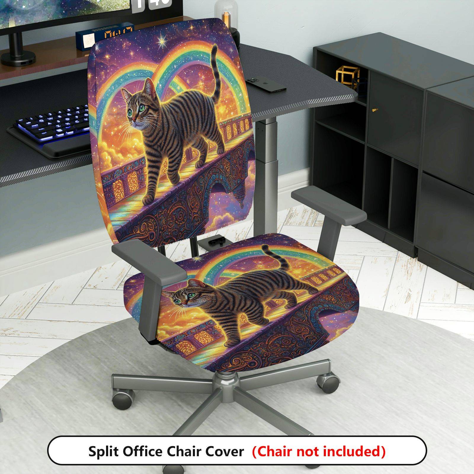 2-Piece Rainbow Starry Night Cat Fantasy Bridge  Computer Chair Cover Set, Seat and Backrest
