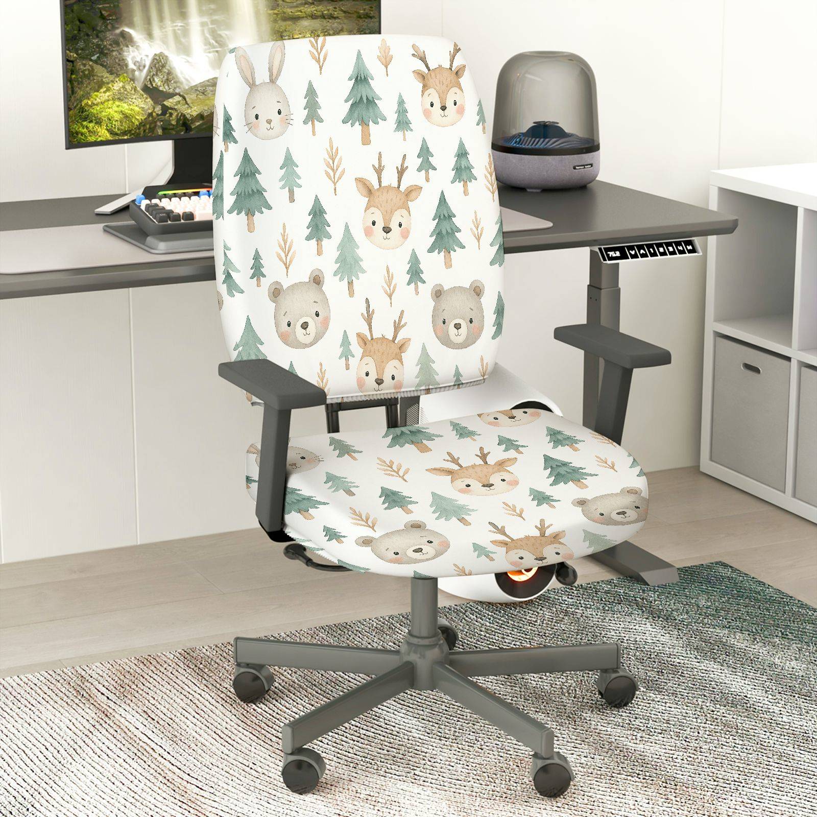 2-Piece Deer Bear Tree Cute Animal Forest  Computer Chair Cover Set, Seat and Backrest