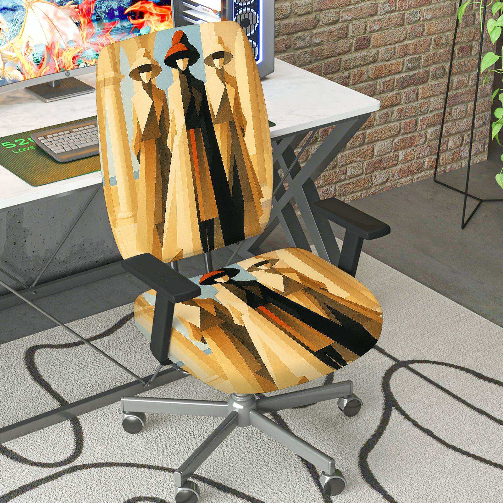 2-Piece Abstract Art Geometric Modern Stylish  Computer Chair Cover Set, Seat and Backrest