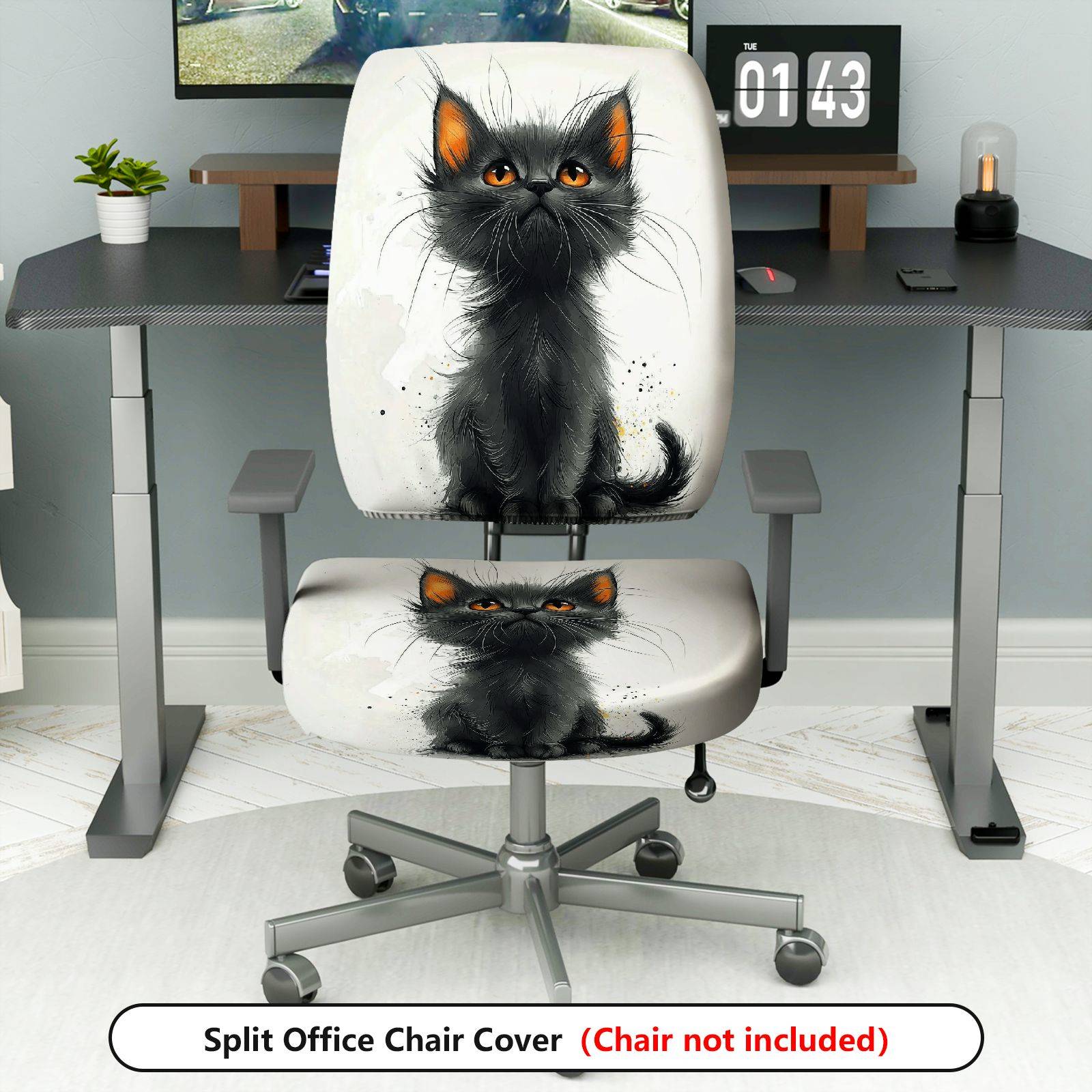 2-Piece Cute Cat Graphic Black Kitten Print Artistic Design  Computer Chair Cover Set, Seat and Backrest