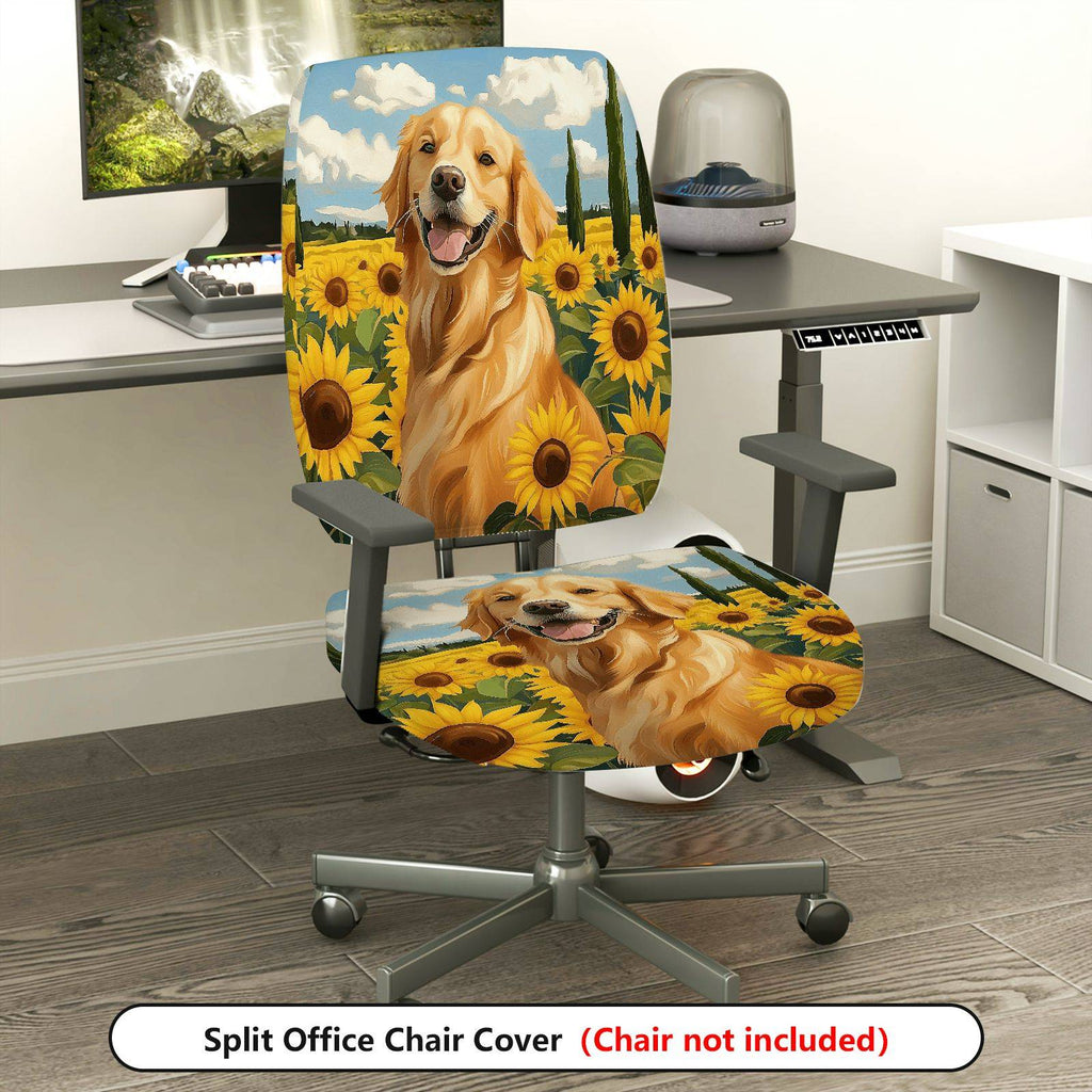 2-Piece Dog Sunflower Nature Landscape Happy Pet Golden Retriever  Computer Chair Cover Set, Seat and Backrest