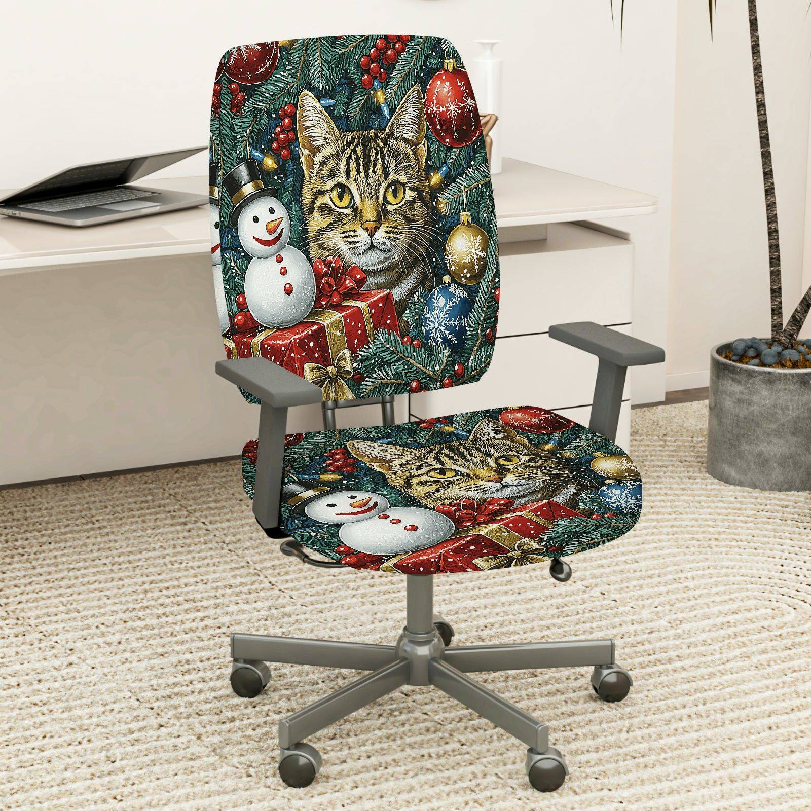 2-Piece Christmas Cat Snowman Present Decorative Holiday  Computer Chair Cover Set, Seat and Backrest