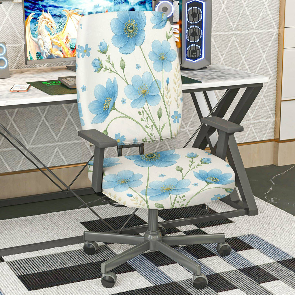 2-Piece Floral Pattern Blue Flowers  Computer Chair Cover Set, Seat and Backrest