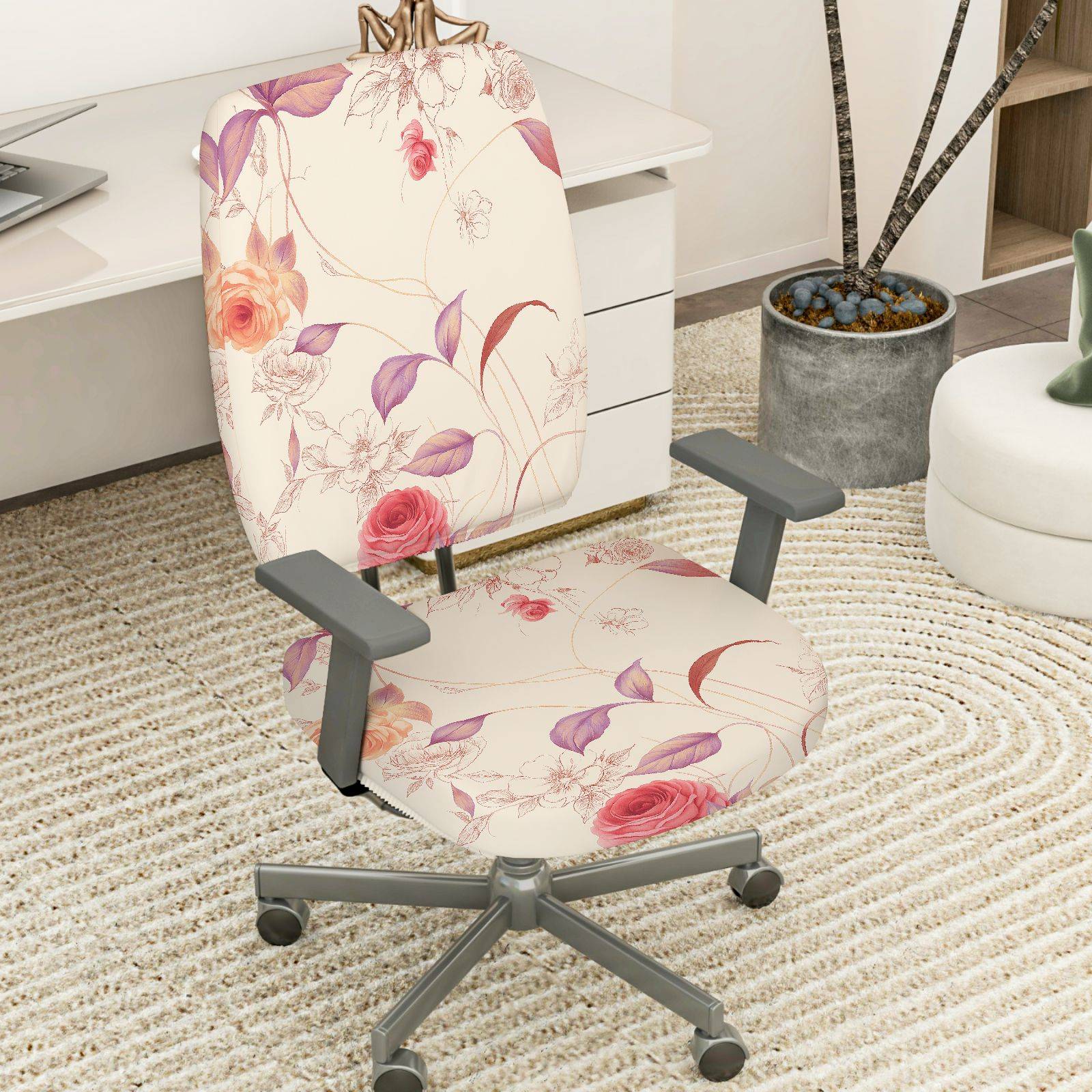 2-Piece Floral Pattern Rose Pink Purple Decorative  Computer Chair Cover Set, Seat and Backrest