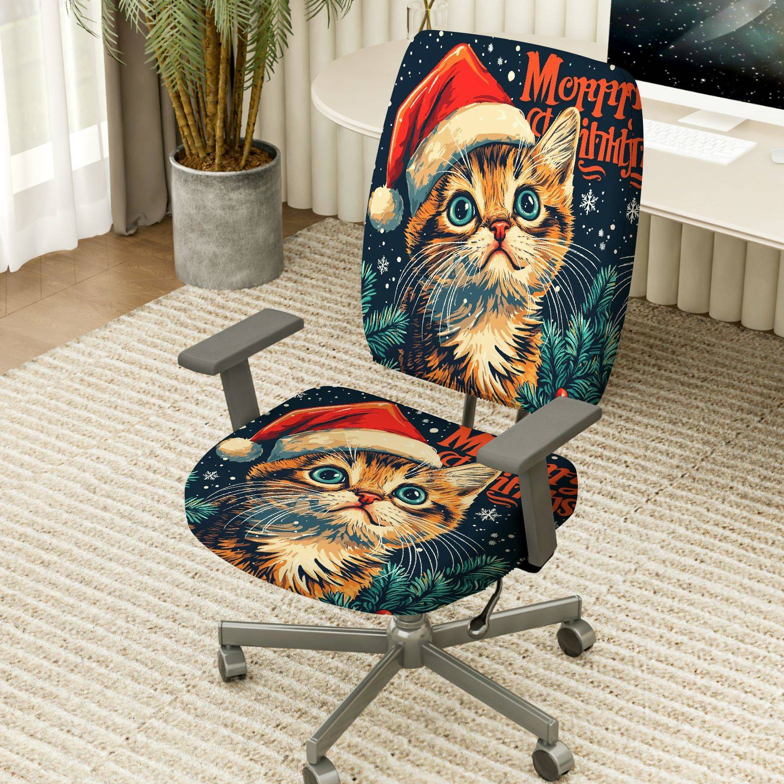 2-Piece Christmas Cat Santa Cute Funny Holiday  Computer Chair Cover Set, Seat and Backrest