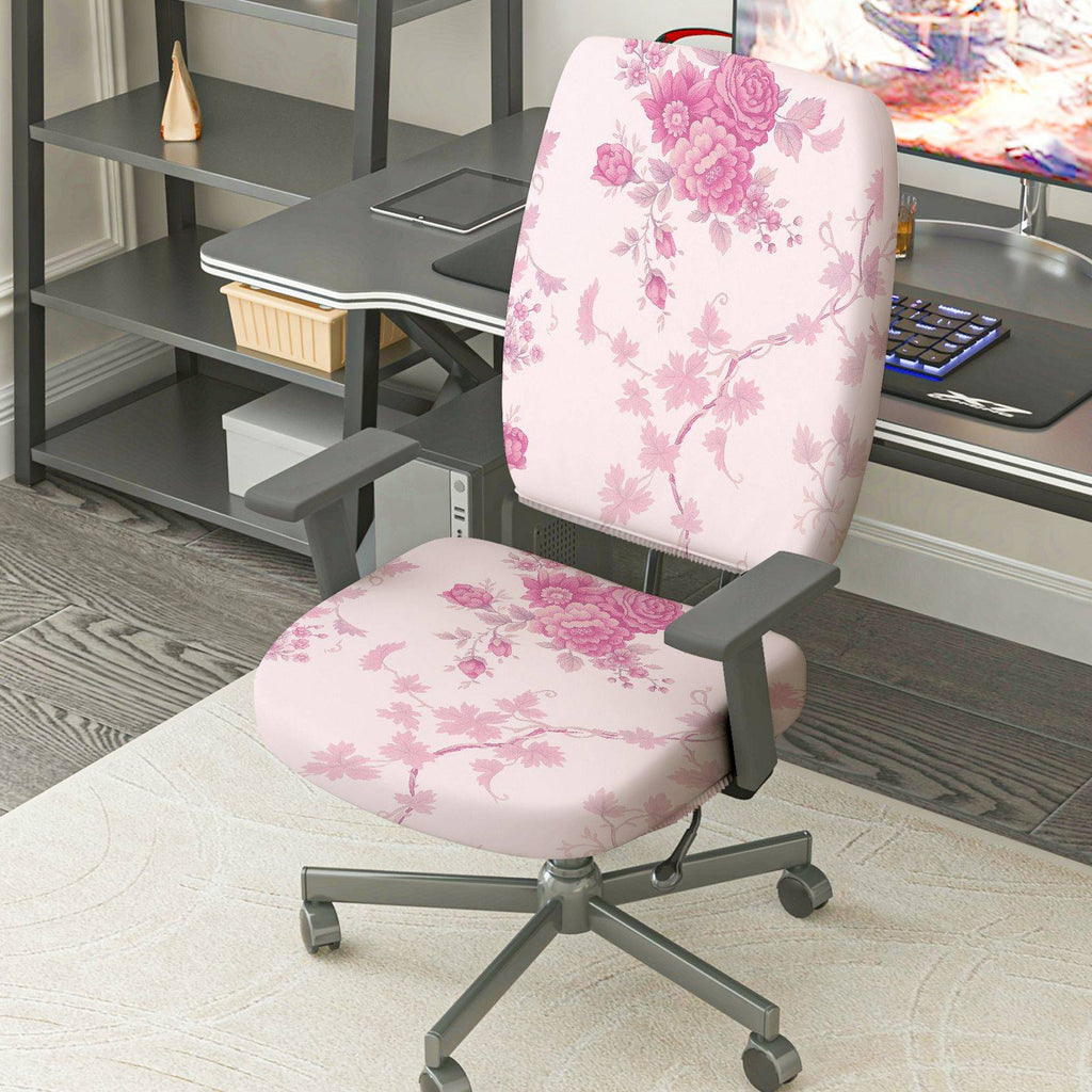 2-Piece Floral Pink Leaf Flower Pattern  Computer Chair Cover Set, Seat and Backrest