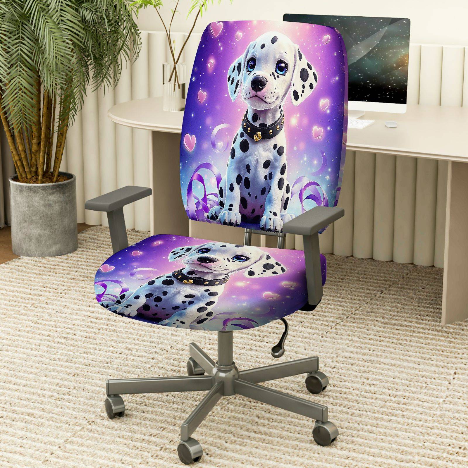 2-Piece Dalmatian Dog Heart Stars Purple  Computer Chair Cover Set, Seat and Backrest